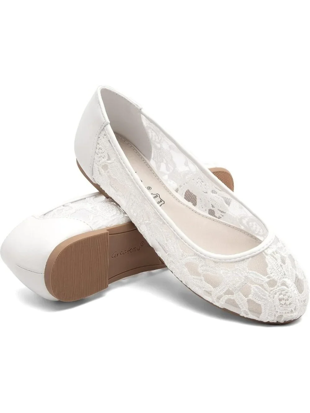 Women's White Lace Ballerina Flats Round Toe Slip on Floral Casual Dressy Shoes